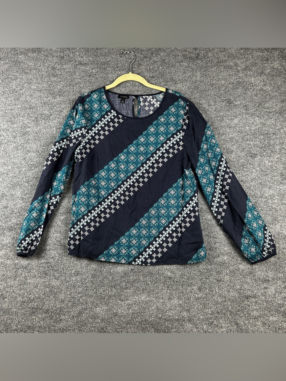 Talbots Navy Blue Teal Diagonal Medallion Tile Print 100% Tencel Blouse Size M